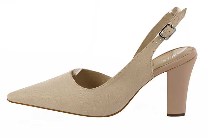 Tan beige women's slingback shoes. Pointed toe. High kitten heels. Profile view - Florence KOOIJMAN